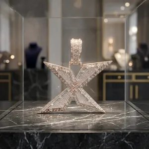 Colgante de lujo en forma de X con micro pavé de oro rosa y diamantes, piedra de laboratorio de corte baguette y redondo, unisex, para uso diario. - Product Image 3