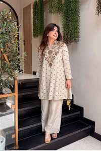 Ivory Embroidered Silk <b>Kurta</b> Palazzo Set <b>Women</b> Traditional Regular Fit Floor-Length Quick Dry Outfit India Pakistan Casual Wear - Product Image 6