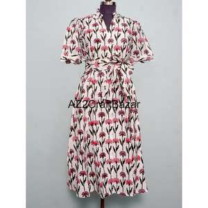 Robe midi à imprimé floral 100 % coton pour femme, très vendue, écologique, lavable, respirante, col en V, coupe trapèze, idéale pour le bureau - Product Image 3