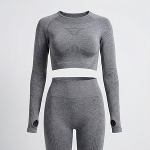 Ensemble de vêtements de sport pour femmes, jogging actif, haut court à manches longues, soutien-gorge de sport, leggings serrés, trois pièces, vêtements de sport, yoga - Product Image 1