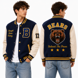 Chaqueta Letterman Azul Marino Personalizada con Logotipo Bordado de los Hawks en la Espalda, Parches de Chenilla, Ropa Deportiva Universitaria, Estilo Venta al Por Mayor - Product Image 4