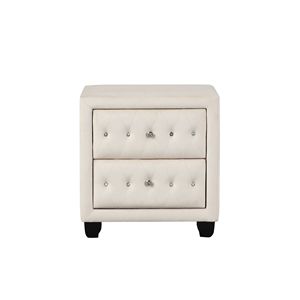 Sophia Cream in stile moderno comodino a 2 cassetti con trapuntato in cristallo rivestito in velluto tessuto legno - Product Image 1