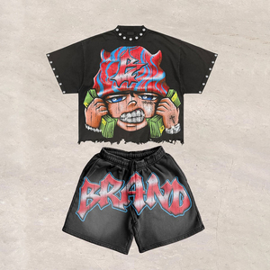 Conjunto de dos piezas para hombre: Camiseta y pantalones cortos con estampado de grafiti personalizado, lavado ácido, estilo casual, desgastado y de gran tamaño. - Product Image 1