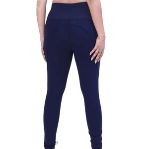 Women's <b>Navy</b> Blue High Waist Full Length Leggings Slim Fit Stretch Pants Wide Waistband Casual Yoga Workout Trousers - Product Image 6