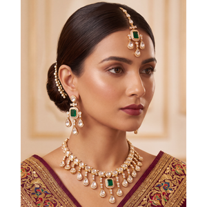 Indian Ethnic Samrudhi Premium Moissanite Necklace-<b>Gold</b> Plated Steel Bridal Fine Jewelry <b>Set</b> - Product Image 1