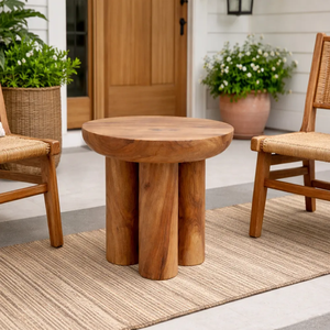 Contemporary Minimalist Solid Suar <b>Wood</b> <b>Round</b> <b>Coffee</b> <b>Table</b> Sculptural Three Pillar Base Center <b>Table</b> Rustic Furniture - Product Image 6