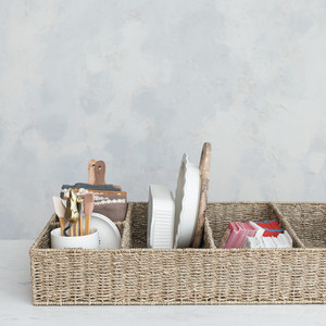 Sisu Handicraft Hand Woven Natural Seagrass <b>Storage</b> <b>Basket</b> 5 Sections Eco-Friendly Handle Modern <b>Rectangle</b> Design Multifunction - Product Image 1