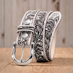 Cinturón de Cuero Premium Vintage con Grabado Floral Estilo Western, Bicolor Blanco y Negro, Cinturón Vaquero de Diseño con Hebilla Plateada Pulida para - Product Image 3