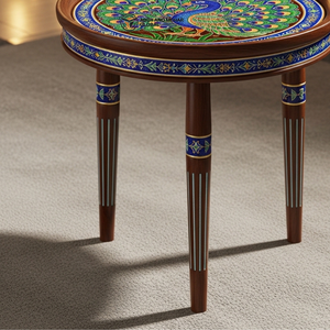 Mesa de Centro de Madera Minakari Hecha a Mano de Lujo, Taburete con Estampado de Pavo Real Azul Vibrante, Mesa Trípode con Patas de Madera Maciza Premium - Product Image 5