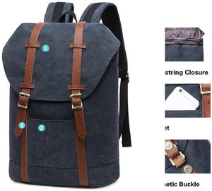 Classic Canvas <b>Backpack</b> <b>Navy</b> <b>Blue</b> Brown Leather Straps Hasps Closure Unisex Softback Daily Use 20-37L - Product Image 2