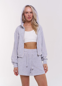 Conjunto de Top Corto con Capucha y Pantalones Cortos para Mujer, Manga Larga, Color Sólido, Estilo Deportivo, Gris, Largo por Encima de la Rodilla, Corte Holgado - Product Image 6