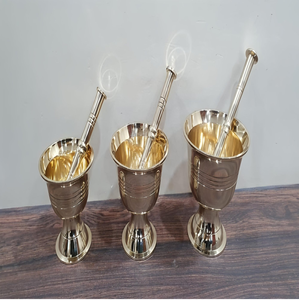 Antique ornate carved brass mortar pestle set featuring decorative swag border patterns, available at wholesale prices. - Product Image 4