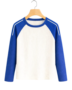Custom Blue <b>White</b> Raglan Long Sleeve T Shirt Men Ribbed Cotton Casual Contrast Crew Neck Baseball <b>Tee</b> OEM Manufacturer Supplier - Product Image 1