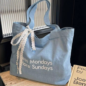 Bolso Tote de Mezclilla con Cinta de Encaje Bordada, Bolso de Hombro de Tela de Algodón Azul Claro, Bolso Tote Grande para Mujer, para Compras y Viajes - Product Image 1