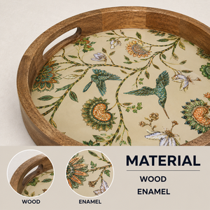Premium <b>Round</b> Wood Enamel Serving <b>Tray</b> with Floral Bird Print Built In Handles Handmade Decorative Platter for Dining <b>Table</b> - Product Image 4