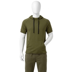 <b>Mens</b> Short Sleeve <b>Hoodie</b> Raglan Sleeve Drawstring Kangaroo Pocket Solid Olive <b>Green</b> Casual Summer Pullover - Product Image 1