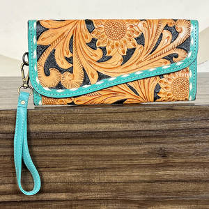 Pochette pour femme en cuir artisanal à motifs floraux, porte-monnaie et porte-cartes élégant de haute qualité, portefeuille long, sac de soirée - Product Image 2