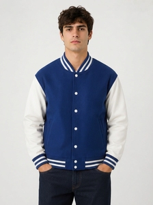 <b>Men's</b> Classic Contrast Sleeve Varsity <b>Jacket</b> Casual Bomber Outerwear Waterproof Windproof Polyester/Cotton Ribbed Collar Cuffs - Product Image 5