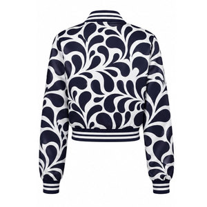 Navy White Floral Print Varsity <b>Jacket</b> Women's <b>Short</b> Crop Bomber Coat Full <b>Sleeve</b> Turn-down Collar Polyester Autumn Style - Product Image 3