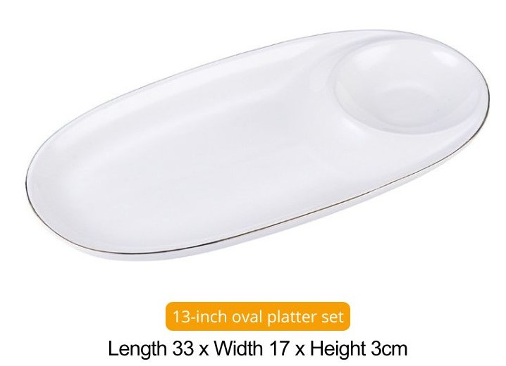 13" oblong plate with a built-in dip bowl