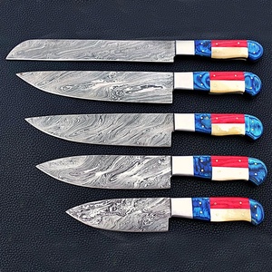 Viking Art Custom Handmade 5-Piece Chef <b>Set</b> Damascus Steel Resin Handles Leather Sheath <b>Sharp</b> <b>Knives</b> Ambidextrous - Product Image 5