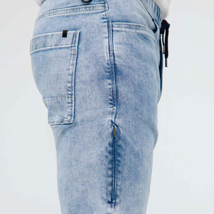 Men Light Blue Straight Fit Casual <b>Jeans</b> <b>Elastic</b> <b>Waist</b> Stonewashed Cotton Breathable Summer Pants - Product Image 3