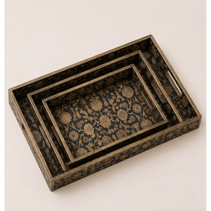 Handcrafted Set of 3 Decorative Wooden <b>Serving</b> <b>Trays</b> with Vintage Floral <b>Gold</b> & Black Design Rectangular Platters with Handles - Product Image 1