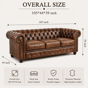Sofá Chesterfield de Cuero Marrón de 3 Plazas con Respaldo Acolchado y Brazos Enrollados, Sofá de Cuero Clásico para Sala de Estar - Product Image 2