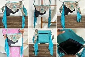 Premium Hot Selling Hand <b>Tooled</b> Genuine Cowhide <b>Leather</b> Fringe Crossbody Bag New Designer Pattern Sling Bag Perfect for Women's - Product Image 3