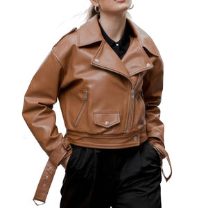 Chaquetas de Mujer, Chaqueta de Motocicleta de Cuero Genuino, Chaqueta de Cuero de Oveja Marrón de Longitud Media para Mujer, para Invierno y Actividades al Aire Libre - Product Image 1