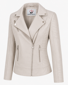Women Ivory Faux Leather <b>Biker</b> <b>Jacket</b> Asymmetric Zip Quilted Panels Lapel Collar Slim Fit Casual Streetwear Fashion Outerwear - Product Image 3
