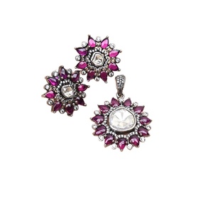 Made in India 925 Sterling <b>Silver</b> Oxidised Premium Quality Elegant Design Moissanite Stones <b>Studded</b> Pendant and <b>Earrings</b> <b>Set</b> - Product Image 1