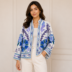 Floral Embroidered Knitted Breathable Cotton Bomber <b>Jacket</b> Mandarin Collar Full Sleeve Spring Boho Chic Women's - Product Image 1