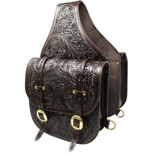 Hand <b>Tooled</b> Western Genuine <b>Leather</b> Heavy Duty Saddle Bag with Brass Buckle for Horse Riding Trail Riding Equestrian Panniers - Product Image 1