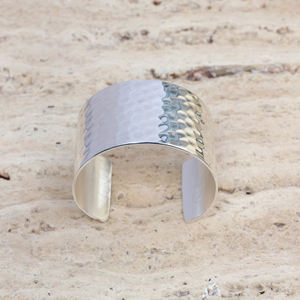 Handmade <b>Hammered</b> Brass Cuff Bracelet Wide <b>Silver</b> Plated Boho Statement <b>Bangle</b> - Chunky Adjustable Metal Wristband Jewelry - Product Image 5