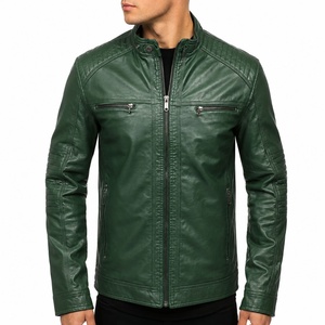 Veste de moto unisexe en cuir PU vert avec logo personnalisé, col rabattable, fermeture éclair, coupe ajustée, manches classiques, couleur unie, coupe-vent - Product Image 3