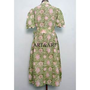 Fashionable Vintage Sweet Summer <b>Dress</b> 100% Cotton Floral Printed Short Sleeves V-Neck <b>Women</b> Casual Formal Occasion A-Line Midi - Product Image 6