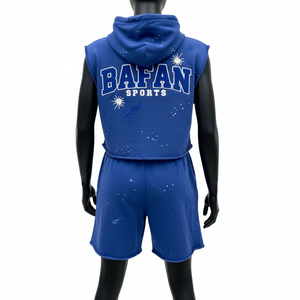 Conjunto de Sudadera Corta sin Mangas y Pantalones Cortos para Mujer, 100% Algodón, Felpa Francesa de Algodón y Poliéster, Logotipo Estampado en Azul - Product Image 2