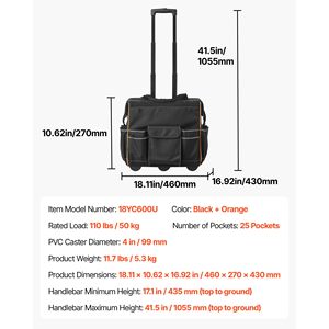"25-Pocket Heavy Duty <b>Rolling</b> <b>Tool</b> <b>Bag</b> with 110 Lbs Load Capacity & Telescoping Handle-Zipper Closure" - Product Image 5