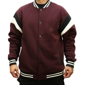 Men's Maroon Varsity Jacket With Black And White Stripes Regular Fit Casual Autumn Wear <b>Button</b> Closure Polyester Material - Product Image 1
