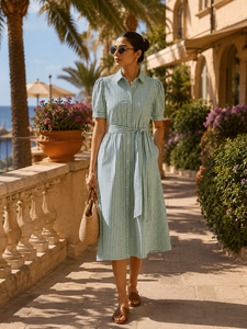 Elegante Vestido Midi de Algodón a Rayas con Botones Delanteros, Mangas Abullonadas, Cinturón, Estilo Bohemio, Corte Recto y Bajo Acampanado, Vestido Sencillo para Fiesta - Product Image 1