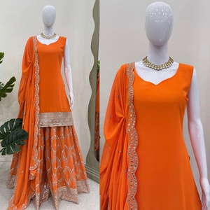 Salwar Kameez Orange Élégant Fait Main et Fortement Brodé pour Femme – Tenue Ethnique Indienne Traditionnelle Moderne en Faux Georgette à Séchage Rapide - Product Image 1