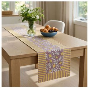 Camino de Mesa de Lona 100% Algodón Puro con Estampado Floral a Mano, 33x120 cm, Camino de Mesa de Algodón Color Limón Tierra a Precio de Mayoreo - Product Image 1