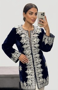Elegant Navy Velvet Embroidered <b>Jacket</b> With White Thread Work Full Sleeve Loose Fit Midi Length Formal Wear - Product Image 2