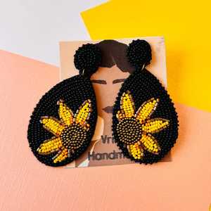 Handmade Seed Bead <b>Drop</b> Earrings Black Yellow Sunflower Floral Teardrop Jewelry Women's Accessories - Product Image 3