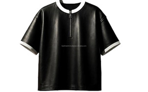 Men's Leather Look T Shirt Zip Placket Regular Mens Shiny Soft Leather Stand and <b>down</b> Collar shirt Streetwear Fashion leather - Product Image 3
