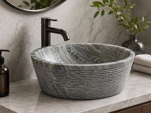 Natural <b>Round</b> Chiseled Marble Sink Handmade Stone Vessel <b>Basin</b> for Luxury Bathroom Hotel Vanity Wholesale Supplier - Product Image 5