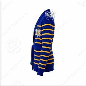 Cárdigan a Rayas Azul y Amarillo para Mujer, Diseño Personalizado, con Logotipo Bordado, Cuello Bufanda y Cinturón, Estilo SG rh0 Sorority - Product Image 3