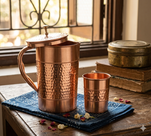 Carafe à eau en cuivre artisanale avec couvercle et ensemble de gobelets – Design martelé vintage pour les boissons, pichet en métal durable, capacité 1,0 L - Product Image 1
