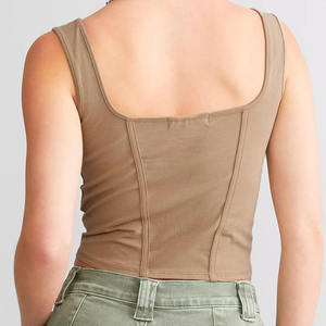Women's Vintage Soft Yellow Ribbed Crew Neck Sleeveless Tank <b>Top</b> Casual Short Length Knitted Stretchable Breathable Solid Color - Product Image 4